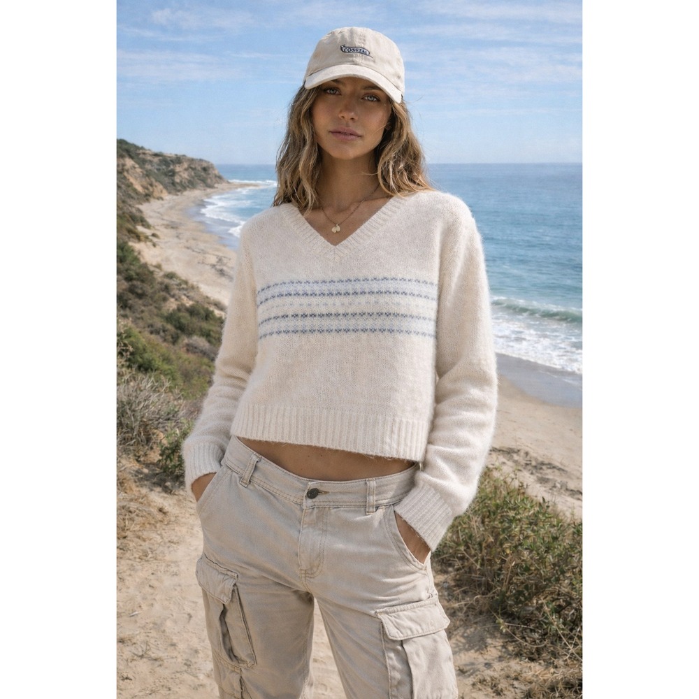 Vintage 90s Women's Angora Blend Sweater Cream‎ Fair Isle Striped Cropped- S